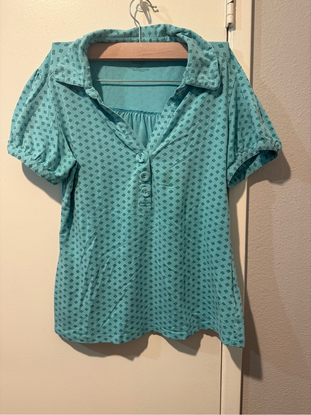 Sonoma Teal Patterned Short-Sleeve Button Down Top